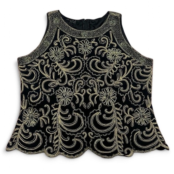 JKARA New York Tops - JKARA Black Gold Beaded Tank Top L Scallop Hem Cocktail Party Art Deco Glam